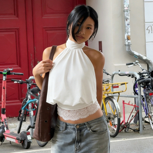 Sexy Y2K Halter Neck Lace Knitted Short <b>Patchwork</b> Tank <b>Top</b> Women Slim Waist Summer Club Camisole Wholesale - Product Image 4