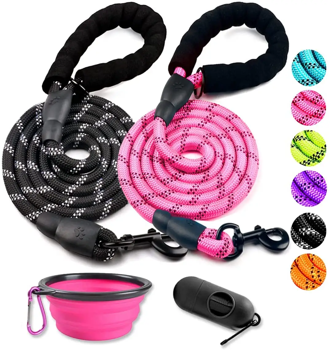 5FT Strong Heavy Duty Rope Dog Leash with Comfortable Padded Handle Pet Bowl Dog Waste Bag Dispenser