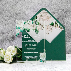 การ์ดเชิญงาน<span class=keywords><strong>แต่งงาน</strong></span>อะคริลิคใสสไตล์โมเดิร์น พิมพ์สีขาว ขอบลายดอกไม้ พร้อมซองมีเส้นขอบ สำหรับงานแต่งงานหรืองานเฉลิมฉลอง ดีไซน์หรูหรา - Product Image 3