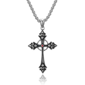 <b>Cross</b> Necklace Zinc Alloy Unisex Pendant with Red Stone Retro Style Gift Jewelry Claw Setting K-PT396 - Product Image 1