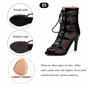 Sandalias de tacón alto sexys con malla hueca para mujer, sandalias de verano con punta abierta y tiras cruzadas, zapatos de baile con correa en el tobillo, sandalias de red negras - Product Image 5