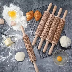 Cetakan Natal Pin Bergulir Laser Terukir Timbul Rolling Pin Hewan Biskuit Rolling Pin