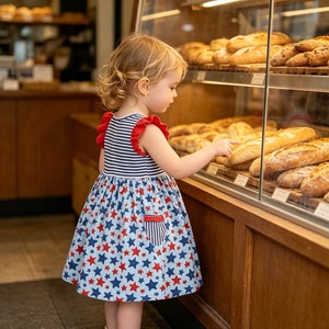 Ventes chaudes Robes à imprimé étoiles et rayures pour filles américaines avec poches Robe pour bébé fille à manches courtes pour le 4 juillet Vêtements pour filles Robe pour bébé - Product Image 4