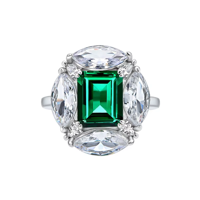 Fine Jewelry Emerald Ring 925 Sterling Silver Engagement Colombian Emerald Cut Diamond Ring