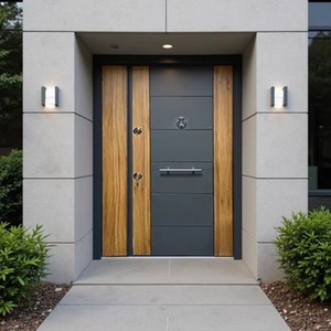 Porte de sécurité moderne de luxe en bois grainé, anti-effraction, à ouverture manuelle plate, complète - Product Image 1
