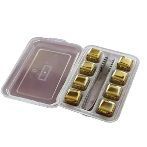 Gold color square reusable ice cubes whiskey gift set stainless steel whiskey stone for drinks