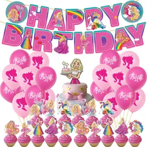 Pink Doll Theme Balloons set kit Baby Girl Birthday Party Cartoon Banner Cake Topper Set Wedding Supplies