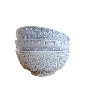 优雅的陶瓷压花图案碗，用于汤、甜点、沙拉、带压花图案的灰色蓝色面条汤碗，每包3个