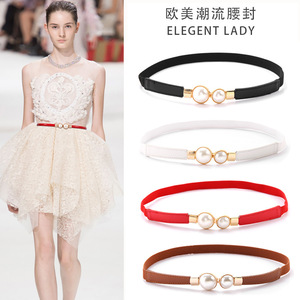 European and American style retro pearl buckle thin belt women's dress elastic waist belt <b>hook</b> narrow waist belt - Product Image 1