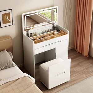 Mini tocador con espejo iluminado, moderno y minimalista, color crema, mueble de almacenamiento para maquillaje, mueble de dormitorio - Product Image 4