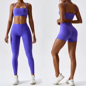 Penjualan laris Set pakaian olahraga wanita Fitness Yoga logo kustom pakaian Gym nilon pinggang tinggi pakaian olahraga berlari sepeda