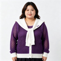 Cardigan en tricot personnalisable grande taille pour sororité, avec maille filet ajourée, col marin et broderie de lettres