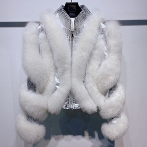 Designer Striped Fox Fur Decor Sheepskin Jacket <strong>Women</strong> Stand Collar Cropped Luxury Genuine Leather Autumn Coat - Product Image 6