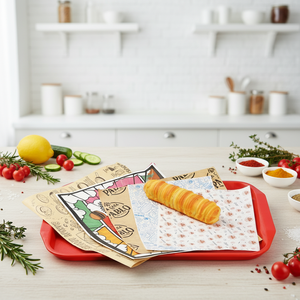 กระดาษห่อเบอร์เกอร์แบบย่อยสลายได้ สำหรับห่ออาหารแบบนำกลับบ้าน ป้องกันคราบไขมัน เหมาะสำหรับอาหารจานด่วน - Product Image 1