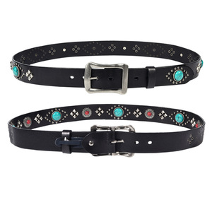 Cinturón literario retro unisex, material de cuero PU personalizable, hebilla de aleación con incrustaciones de diamantes de imitación turquesa de estilo occidental personalizada - Product Image 2