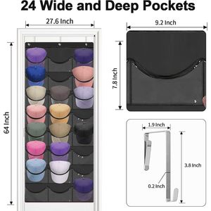 <b>Hat</b> Rack 24 Pocket Over Door Organizer With Hooks For Baseball Caps Clear Pockets Wall Mount Storage Black - Product Image 2