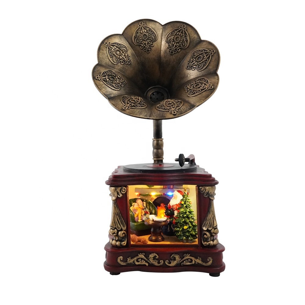 Wholesale New Arrive Noel Xmas Scene Led Light up Musical Resin Phonograph Christmas Decoration with Christmas Tree Inside