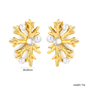 Wholesale Factory Gold Plated Snowflake <b>Stud</b> <b>Earrings</b> Inlaid CZ <b>Crystal</b> Pearl Stainless Steel Women Wedding Christmas Jewelry - Product Image 2