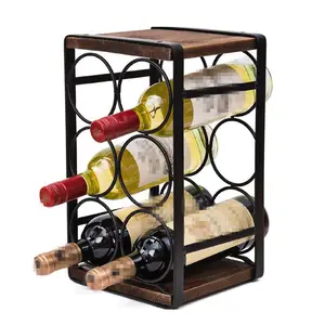 Panier à vin en bois massif rustique, décor de Bar, cadre métallique marron, 6 bouteilles, comptoir