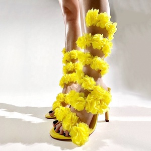 Floral Ankle Cross Straps Women's Stiletto High Heels Sexy Flowers Wrap <b>Strings</b> Sandals Round Open Toe Shoes - Product Image 1