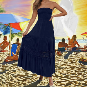 Vestido Largo sin Tirantes para Mujer, Estilo Bohemio, Línea A, Chifón, Color Sólido, Plisado en Capas, Verano, Casual, Playa, Vacaciones - Product Image 2
