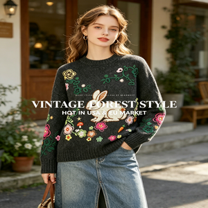 Maglione Girocollo Personalizzato ODM 100% Lana con Ricamo Coniglio - Maglieria OEM con <span class=keywords><strong>Motivi</strong></span> Forestali Unici, Nessun Infrangimento del Diritto d'Autore - Product Image 4