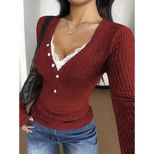 เสื้อสเวตเตอร์คอวีแต่งลูกไม้ แขนยาว สำหรับผู้หญิง สีแดง - Product Image 6