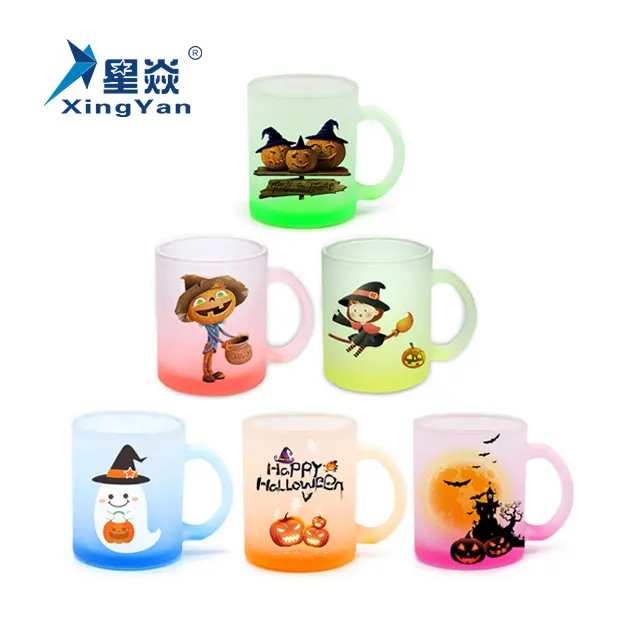 Xingyan Mug hadiah Natal Halloween 11oz, warna-warni buram cangkir kaca gradien tekan panas cangkir sublimasi grosir