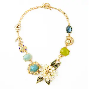 Xl00325 — collier de déclaration en plaqué or pour femmes, chaîne en cristal, strass, Bijoux en pierre précieuse, perle, fleur, collier de luxe