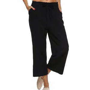 Pantalones de Mujer de Cintura Alta, Pierna Ancha, con Cordón, Largos hasta el Tobillo, Color Negro Sólido, Tejido de Algodón, Corte Holgado Informal, para Verano - Product Image 1