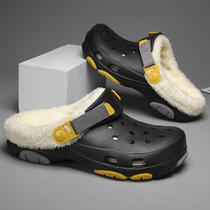 White Fleece Lined Croc Style <b>Clogs</b> With Thick Sole Mid Heel Outdoor Winter Sandals For Men - Product Image 3
