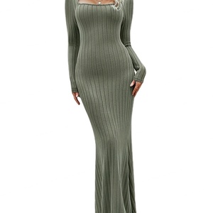 Vestidos de punto acanalado de manga larga con cuello cuadrado y dobladillo de cola de pez de color liso, estilo temperamental, para mujer, novedad 2024, personalizados al por mayor - Product Image 2
