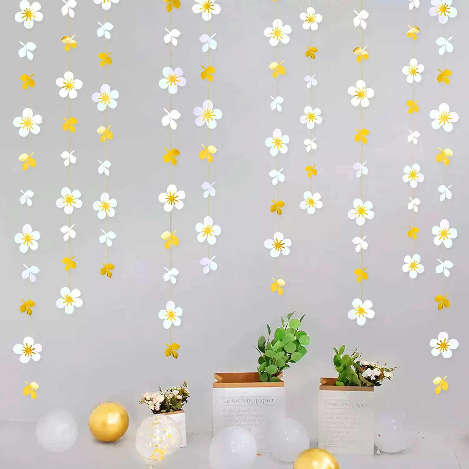 Guirlande de fleurs blanche et dorée, guirlande de fleurs en papier métallique irisé blanc, feuille suspendue, banderole de fleurs pour fiançailles