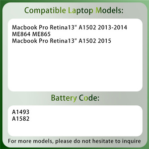 Batería de Repuesto para Portátil A1493 A1582 para <span class=keywords><strong>MacBook</strong></span> <span class=keywords><strong>Pro</strong></span> Retina <span class=keywords><strong>13</strong></span>" A1502 2013 2014 <span class=keywords><strong>2015</strong></span> ME864 ME865 - Product Image 2