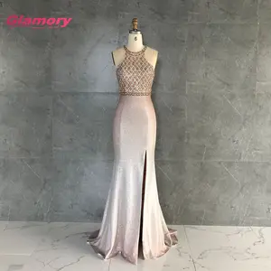 2020 Bottom Preis Halter Party Abend Einzigartige Glitter Stoff Sexy Formale Lange Prom Kleid