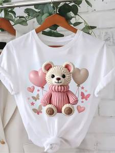 T-shirt da donna con stampa orsetto, manica corta, girocollo, in morbido cotone, casual, per tutte le stagioni, in tessuto jersey - Product Image 3