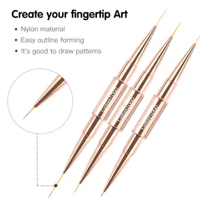 Custom New Gel Art Design Double End Rose Gold Metal Handle Nail Art Paint Brush Liner 3d Nails Brush With Cover Ombre Flat