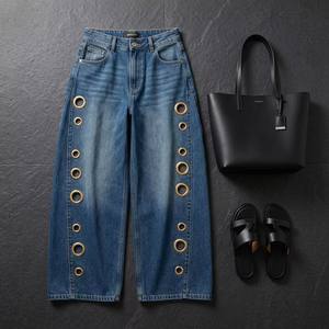 Jeans da donna a vita alta, a gamba larga a ferro di cavallo, in denim, con occhielli dorati, stile avant-garde, con hardware resistente, streetwear, sexy - Product Image 5