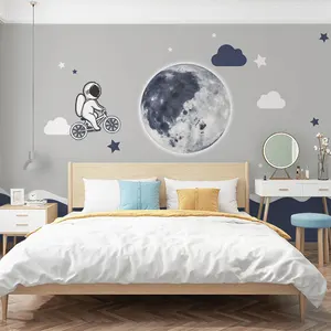 Nordic Moon Boy Children's Room Background Wall Cloth Cartoon Space Astronaut Gray Seamless Mural Wallpaper
