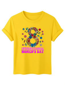 T-shirt elegante da donna girocollo a maniche corte con stampa floreale per la Festa Internazionale della Donna, top primaverile alla moda, vestibilità regolare, 100% cotone - Product Image 1