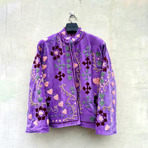 Boho <b>Purple</b> <b>Velvet</b> Floral Embroidered Suzani Jacket Full Sleeve Stand Collar Handmade Women Winter Outerwear - Product Image 1