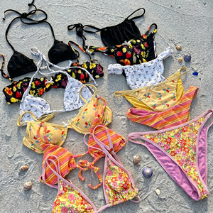 Traje de Baño de Tres Piezas Sexy de Cintura Alta con Logotipo Personalizado OEM al por Mayor, Traje de Baño de Dos Piezas con Estampado de Frutas para Playa - Product Image 1