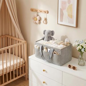 Panier de rangement pliable en velours côtelé gris avec poignée, organiseur de couches pour bébé et rangement quotidien - Product Image 5