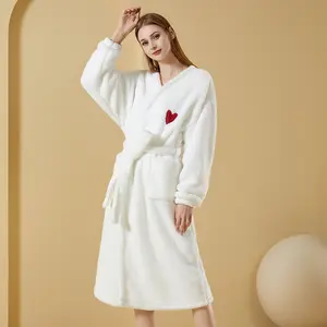 Factory Custom Luxury Nightwear White Plush Bath Robes polar Fleece Bathrobe for Women
