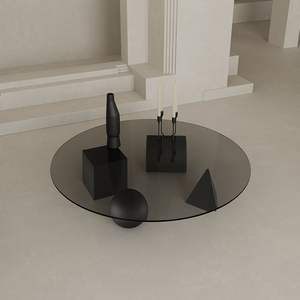 Mesa de Centro Redonda de Vidrio Templado con Base Geométrica de Hierro, Estilo Moderno y Minimalista para Sala de Estar - Product Image 4