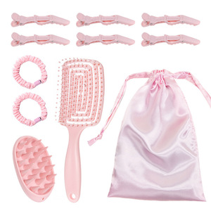 Pink Hair Care <b>Set</b> With <b>Massage</b> Brush Scalp Scrubber Clips And Bands For Women Hair Care - Product Image 1