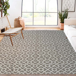 Tapis Kilim Dhurrie en laine de coton fait à la main 8x10 pieds superbe accent de grande surface fait à la main gris blanc Design géométrique tapis de luxe - Product Image 2