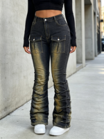 Celana Jeans Wanita High Waist Warna Bronze Faded Wash Model Cargo Flare dengan Saku Kancing dan Lipatan, Kaki Bertumpuk, Slim Fit, Gaya Y2K Street Fashion