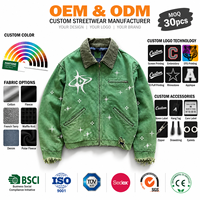 Jaket Denim Vintage Ujung Berjumbai Pria Streetwear Grosir Katun Longgar Kasual Biru Trucker Outerwear Lengan Panjang OEM