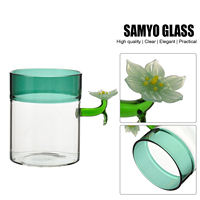 Mug à café en verre à paroi simple résistant à la chaleur, fait main par Samyo, avec poignée créative en forme de fleur 3D, verres à eau